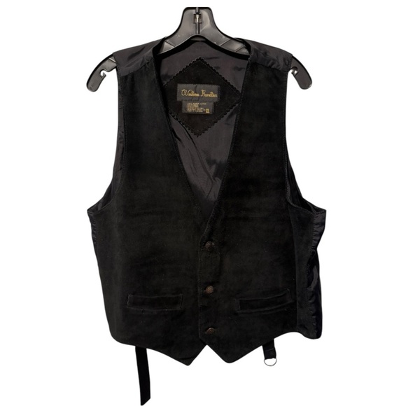 Vintage WESTERN FRONTIER leather vest 44 black SUEDE cowboy waistcoat XL rancher - Picture 1 of 11